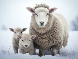 A Photo of a Sheep and Her Babies in a Winter Setting