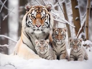 A Photo of a Tiger and Her Babies in a Winter Setting