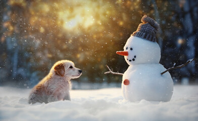Cute little dog looking at a happy snowman in winter