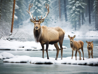 Naklejka na ściany i meble A Photo of an Elk and Her Babies in a Winter Setting