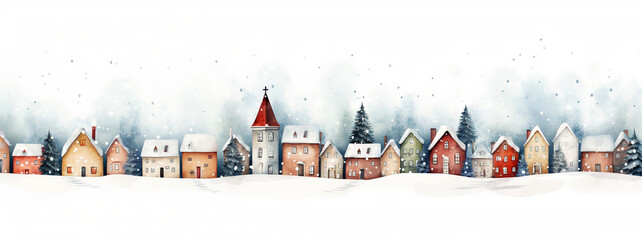 Christmas cute little town. Kids drawing style background.