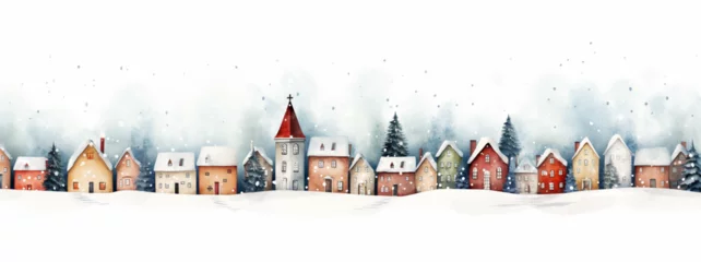 Poster Christmas cute little town. Kids drawing style background. © Vika art