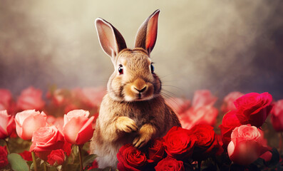 Portrait of a cute rabbit among red roses