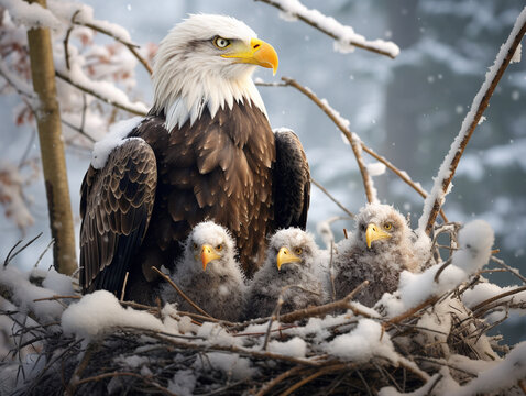 A Photo of an Eagle and Her Babies in a Winter Setting