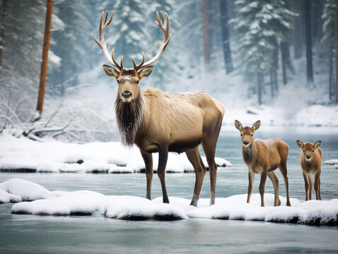A Photo of an Elk and Her Babies in a Winter Setting