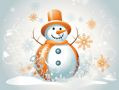 Cheerful Snowman In An Orange Hat And Scarf Is A Fun Raster Illustration, generative ai