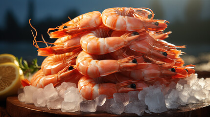 Fresh Shrimp Stacked Together on Plate With Ice Cubes on Blurry Background