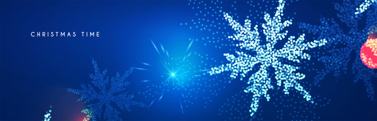 Merry Christmas and Happy New Year design with snowflakes and lights. Shining winter background.