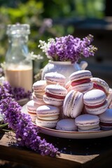 Fototapeta na wymiar Sweet lavender macaroons French with flowers lavender.