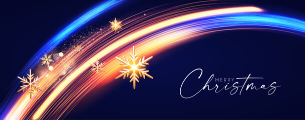 Merry Christmas shining celeration with motion light and gold snowflakes. - obrazy, fototapety, plakaty