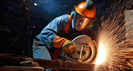 Hombre Con sierra circular eléctrica cortando Maderas en una fabrica - obrazy, fototapety, plakaty