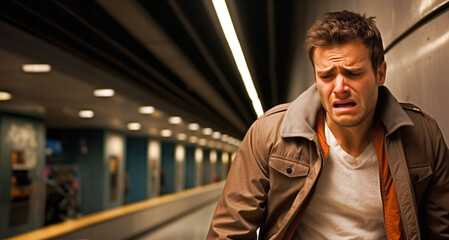 Hombre en la estación de Tren llorando triste - obrazy, fototapety, plakaty