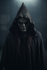 Fototapeta na wymiar Evil witch woman wearing a black hooded cloak.
