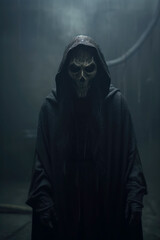 mystery horror silhouette figure with a skull mask. Black cloak. Hooded. Dark background.