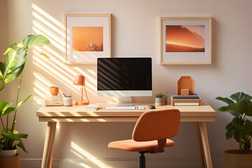 Home office setup with warm sunlight casting stripes on the desk. Apricot Crush color elements. Productivity and modern workspace. Design for home office ideas, promotions, or banner