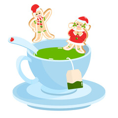 Christmas gingerbread boy and girl on the green tea cup