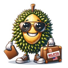 Digital illustration of a Malaysia durian, personified with eyes and a grin, donning trendy sunglasses. In one hand, it holds a suitcase. Created using generative tools