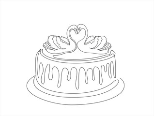 Continuous line drawing of wedding cake with two Swans . Single one line art piece of sweet food dessert. Vector illustration