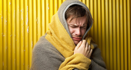 Hombre Inmigrante triste envuelto en una manta fondo amarillo