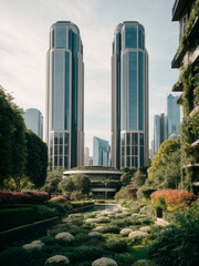 Obraz premium Wildlife coexists harmoniously in the bustling cityscape of skyscrapers.