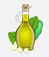 Closed olive oil glass jug with berries decoration vector illustration