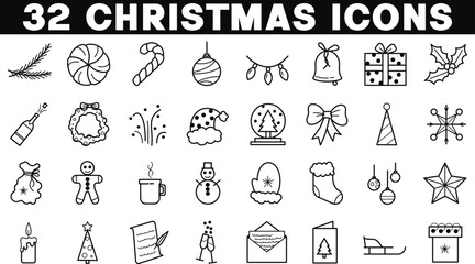 Set of Christmas simple icons. Line images of various holiday items
