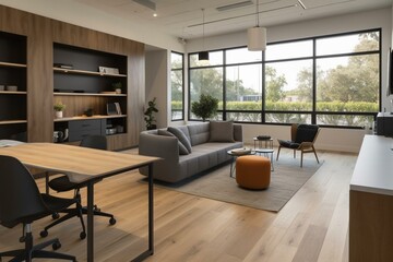 Contemporary workspace with wooden flooring, furniture, and natural light. Generative AI