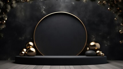 Background products minimal podium scene with Christmas decoration in black and gold color in expensive luxary style.