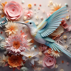 3d colorful hummingbird with carved high relief, epic composition and soft pastel background created with Generative AI