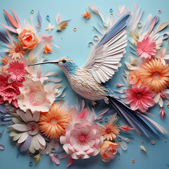 Fototapeta premium 3d colorful hummingbird with carved high relief, epic composition and soft pastel background created with Generative AI