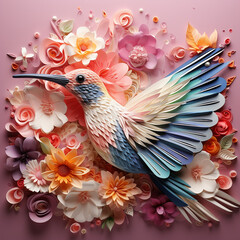3d colorful hummingbird with carved high relief, epic composition and soft pastel background created with Generative AI