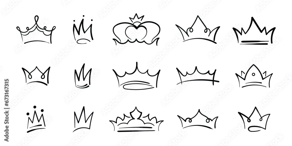 Wall mural hand drawn sketch crown, simple graffiti crowning, elegant queen or king crowns. vector illustration