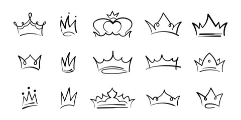 Hand drawn sketch crown, Simple graffiti crowning, elegant queen or king crowns. Vector illustration set