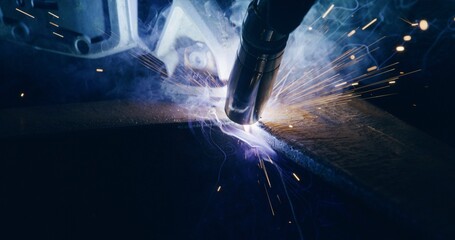 Worker Welding Steel At Metal Industry Metalwork Sparks