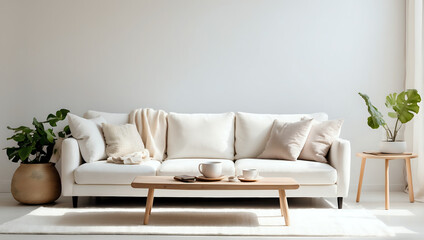 a living room with a white couch and a coffee table