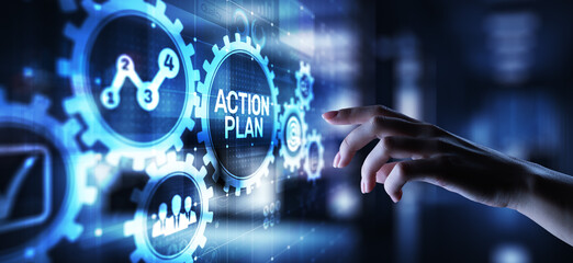 Action plan business strategy development concept on virtual screen. - obrazy, fototapety, plakaty