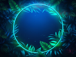 Fototapeta na wymiar Abstract creative neon background with tropical leaves and blue bright circle with copy space