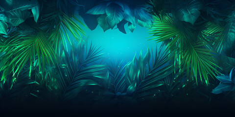 Fototapeta na wymiar Abstract creative neon blue and green background with tropical leaves