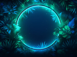 Fototapeta na wymiar Abstract creative neon background with tropical leaves and blue bright circle with copy space