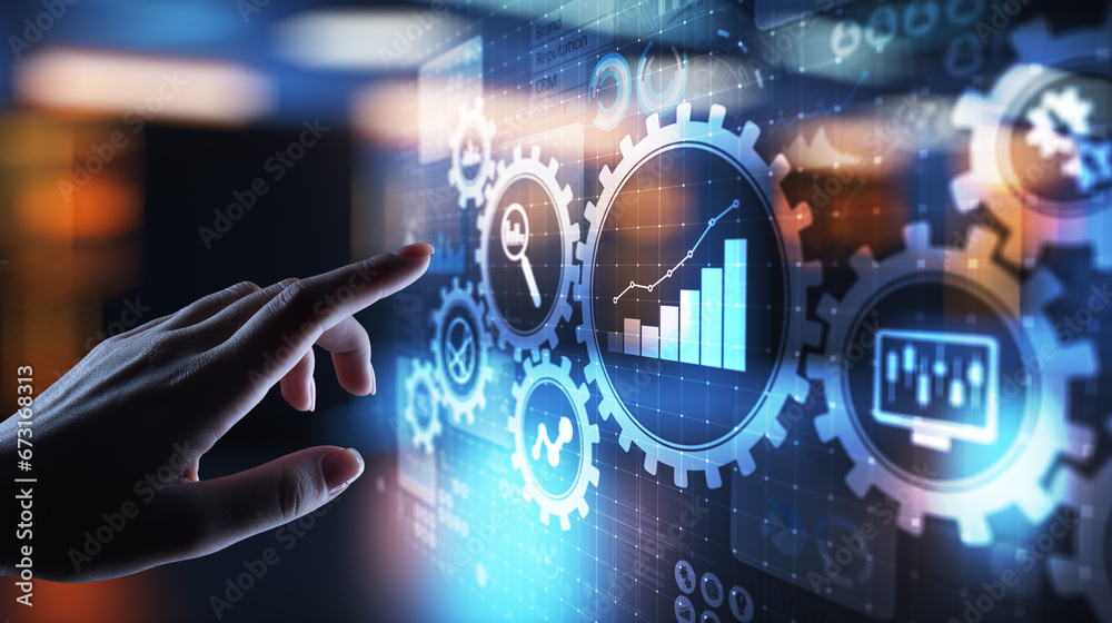 Poster big data analysis, business process analytics diagrams with gears and icons on virtual screen.