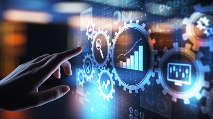 Big Data analysis, Business process analytics diagrams with gears and icons on virtual screen.