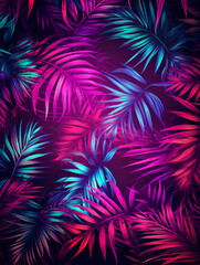 Abstract creative neon blue and pink background with tropical leaves