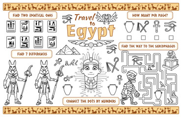 Funny festive placemat for children. Print out the "Travel to Egypt" sheet with a labyrinth, connect the dots, and find the differences. 17x11 inch printable vector file