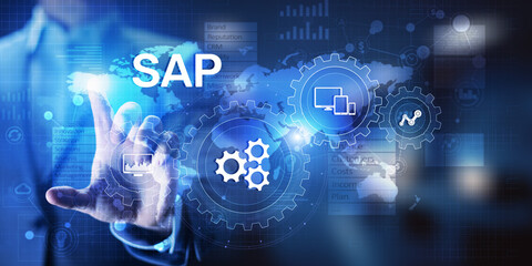 SAP - Business process automation software. ERP enterprise resources planning system concept on virtual screen.