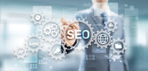 SEO - Search engine optimisation, Digital Internet marketing concept on virtual screen.