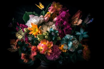 Vibrant flower bouquet with butterflies on a black background, representing the beauty of nature in spring and summer seasons. Generative AI
