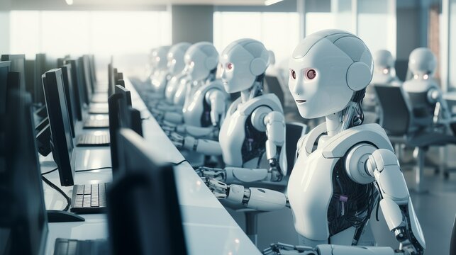 AI robots working in a futuristic modern office