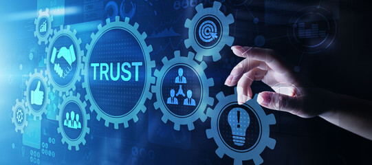 Trust customer relations reliability business concept. Pointing and pressing on virtual screen.