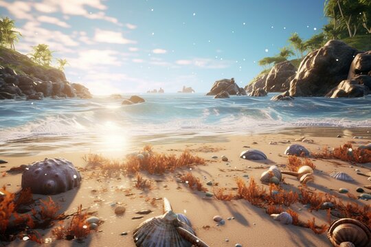 Highly detailed beach fantasy with illuminated starfish and levitating seashells in Unreal Engine 5, emphasizing meticulousness and panoramic view. Generative AI