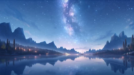 Fotobehang lake in the mountains with stars in the sky anime Generative AI © Quentin